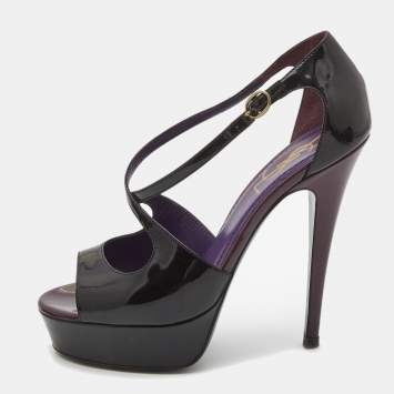Pre Owned Saint Laurent Black Patent Leather Platform Ankle Strap Sandals Size 36