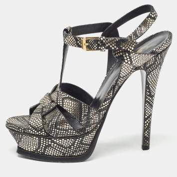 Pre Owned Saint Laurent Black/Gold Texture Leather Tribute  Ankle Strap Sandals Size 36