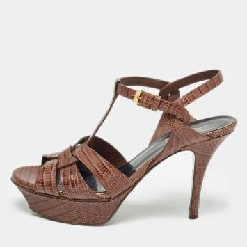 Pre Owned Saint Laurent Brown Lizard Embossed Leather Tribute Sandals Size 37
