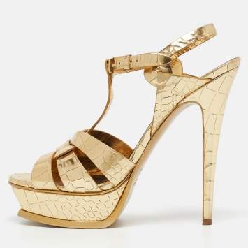 Pre Owned Saint Laurent Gold Tribute Ankle Wrap Sandals Size 40