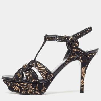 Pre Owned Saint Laurent Paris Black/Beige Lace and Satin Tribute Sandals Size 39.5