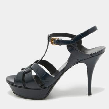 Pre Owned Saint Laurent Navy Blue Croc Embossed Leather Tribute Sandals Size 39.5