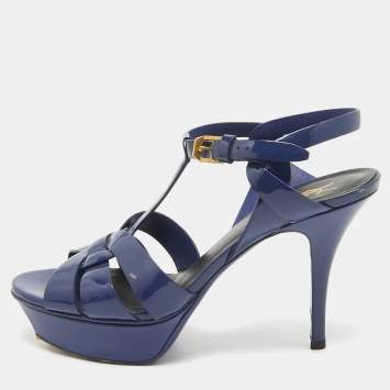Pre Owned Saint Laurent Navy Blue Patent Leather Tribute Sandals Size 38