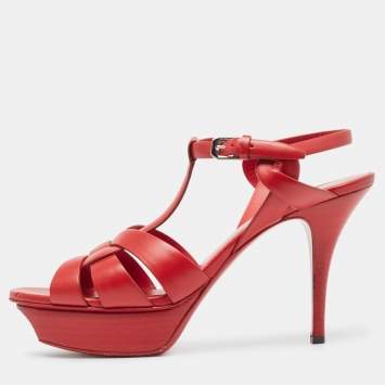 Pre Owned Saint Laurent Red Leather Tribute Ankle Sandals Size 39.5