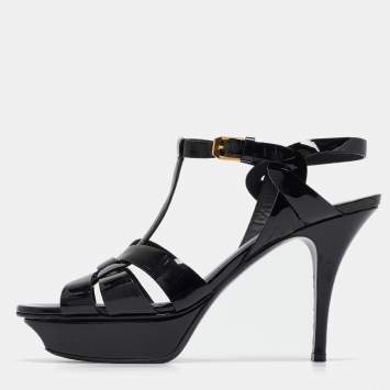 Pre Owned Saint Laurent Black Patent Leather Tribute Sandals Size 39.5