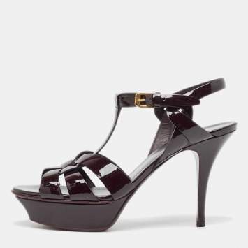 Pre Owned Saint Laurent Paris Burgundy Patent Leather Tribute Platform Ankle Strap Sandals Size 37