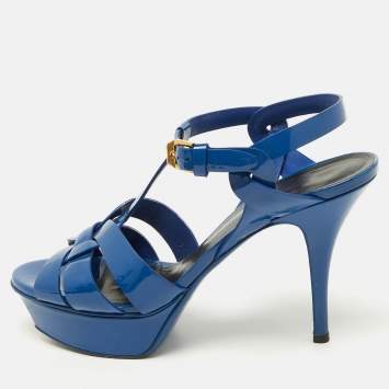 Pre Owned Saint Laurent Blue Patent Tribute Ankle Strap Sandals Size 37