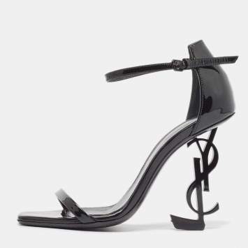 Pre Owned Saint Laurent Black Patent Leather Opyum Ankle Strap Sandals Size 34.5