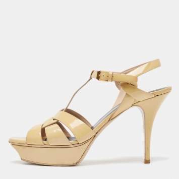 Pre Owned Saint Laurent Beige Patent Leather Tribute Sandals Size 41