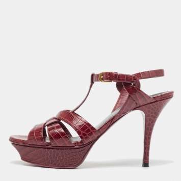 Pre Owned Saint Laurent Plum Embossed Crocodile Tribute Sandals Size 39