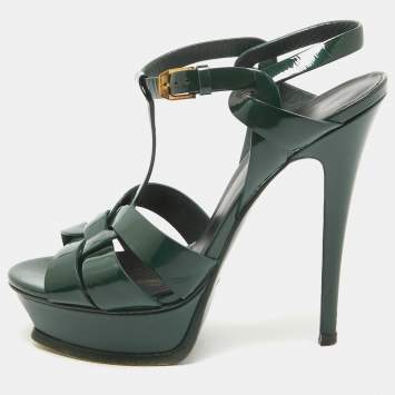 Pre Owned Saint Laurent Dark Green Patent Leather Tribute Sandals Size 37