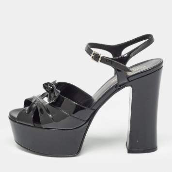Pre Owned Saint Laurent Paris Black Patent Leather Candy Platform Block Heel Ankle Strap Sandals Size 39