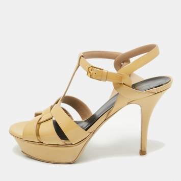 Pre Owned Saint Laurent Paris Beige Patent Leather Tribute Platform Ankle Strap Sandals Size 36.5