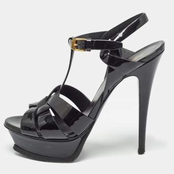 Pre Owned Saint Laurent Black Patent Leather Tribute Sandals Size 38.5 