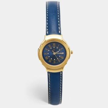 Pre Owned Yves Saint Laurent Blue Gold Plated Stainless Steel Leather Classic Women's Wristwatch 28 mm