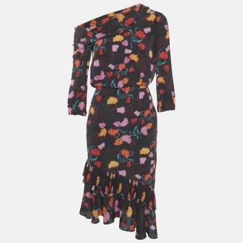 Pre Owned Saloni Silk Ruffled Asymmetric Midi Dress S