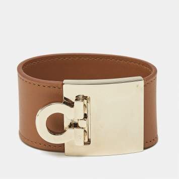Pre Owned Salvatore Ferragamo Brown Leather Gold Tone Wrap Bracelet
