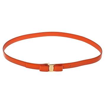 Pre Owned Salvatore Ferragamo Orange Patent Leather Vara Bow Slim Belt 100 CM