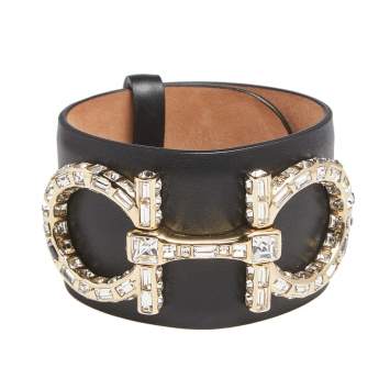 Pre Owned Salvatore Ferragamo Black Leather Crystal Embellished Gancini Bracelet