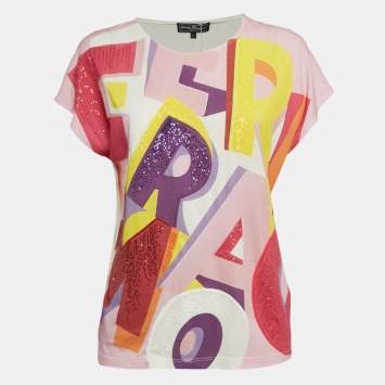 Pre Owned Salvatore Ferragamo Pink Printed Jersey Sequin Detail T-Shirt S