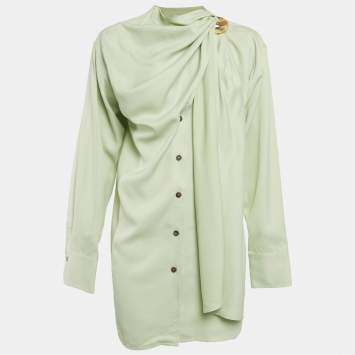 Pre Owned قميص سالفاتوري فيراغامو ساتان أخضر فاتح بتفاصيل وشاح مطوي صغير