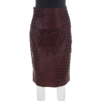 Pre Owned Salvatore Ferragamo Burgundy Giraffe Pattern Leather Pencil Skirt S