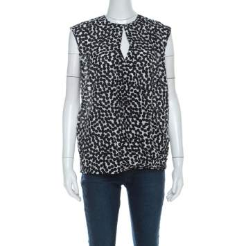 Pre Owned Salvatore Ferragamo Monochrome Polka Dot Silk Sleeveless Draped Top S