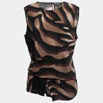 Pre Owned Salvatore Ferragamo Brown Printed Silk Lace Trimmed Sleeveless Top L