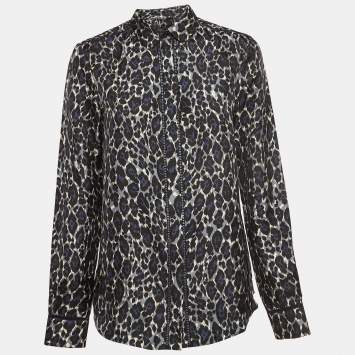 Pre Owned Salvatore Ferragamo Blue Leopard Print Lace Insert Silk Long Sleeve Shirt S