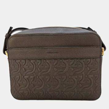 Pre Owned Ferragamo Gancini Embossed Black Leather Crossbody Bag