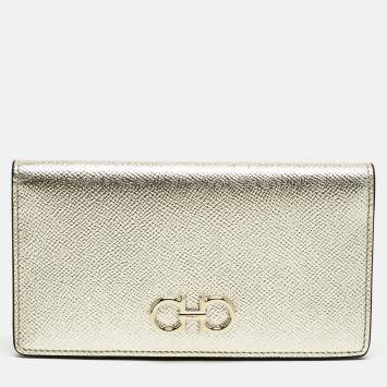 Pre Owned Salvatore Ferragamo Gold Leather Gancini Long Wallet
