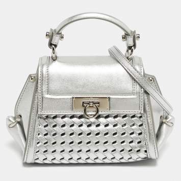 Pre Owned Salvatore Ferragamo Silver Woven Effect Leather Mini Sofia Top Handle Bag