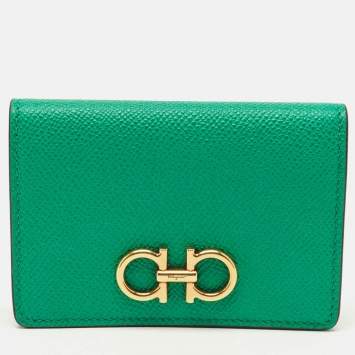 Pre Owned Salvatore Ferragamo Gancini Green Leather Business Card Holder