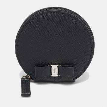 Pre Owned Salvatore Ferragamo Vara Bow Black Leather Round Coin Purse