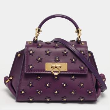 Pre Owned Salvatore Ferragamo Sofia Mini Purple Leather Star Embellished Top Handle Bag