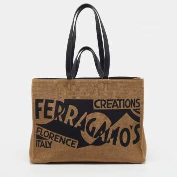 Pre Owned Salvatore Ferragamo F Signature Large Black/Brown Leather and Raffia Tote