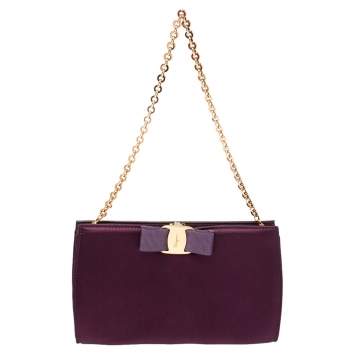 Pre Owned Salvatore Ferragamo Purple Satin Vera Piuma Chain Clutch