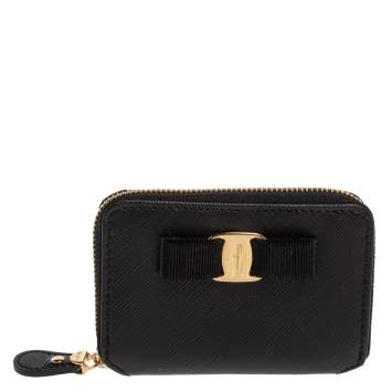 Pre Owned Salvatore Ferragamo Black Leather Vara Bow Coin Purse