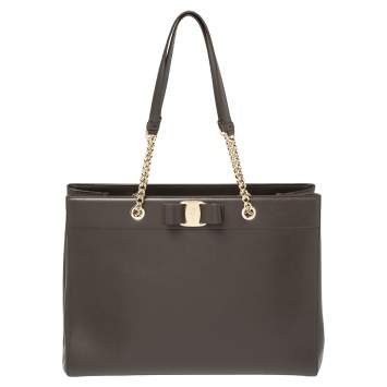 Pre Owned Salvatore Ferragamo Dark Brown Leather Vara Bow Double Handle Tote