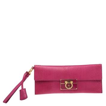 Pre Owned Salvatore Ferragamo Pink Snakeskin Flap Clutch