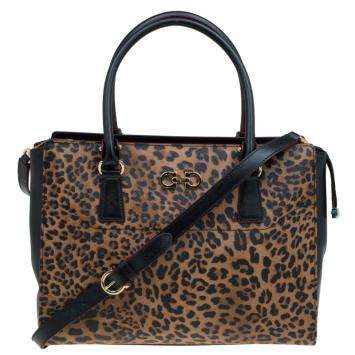 Pre Owned Salvatore Ferragamo Leopard Print Textured Leather Large Beky Tote