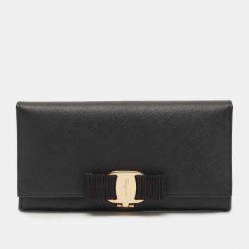 Pre Owned Salvatore Ferragamo Black Leather Vara Bow Continental Wallet