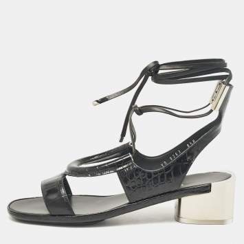 Pre Owned Salvatore Ferragamo Black Croc Embossed Leather Glorja Ankle Strap Sandals Size 39