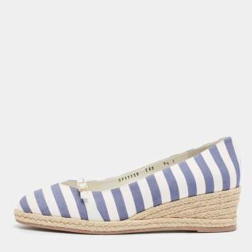 Pre Owned Salvatore Ferragamo Blue/White Striped Fabric Audrey Wedge Espadrille Pumps Size 40