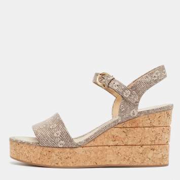 Pre Owned Salvatore Ferragamo Brown Lizard Embossed Leather Madea Wedge Sandals Size 39.5