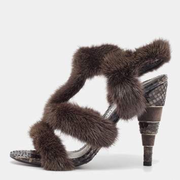Pre Owned Salvatore Ferragamo Brown Fur and Python Leather Ankle Strap Sandals 38.5