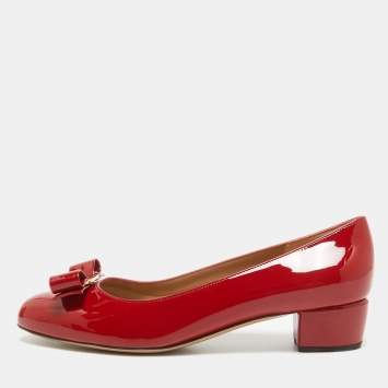 Pre Owned Salvatore Ferragamo Red Patent Leather Vara Bow Pumps Size 39