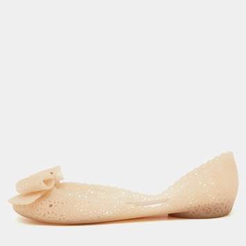 Pre Owned Salvatore Ferragamo Beige Nilly Jelly Bow Ballet Flats Size 37.5