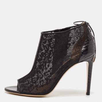 Pre Owned Salvatore Ferragamo Black Lace and Watersnake Open Toe Booties Size 38