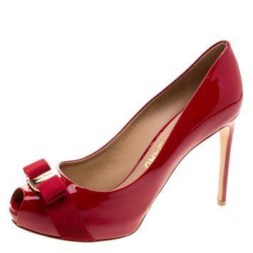 Pre Owned Salvatore Ferragamo Red Patent Leather Plum Peep Toe Platform Pumps Size 40.5